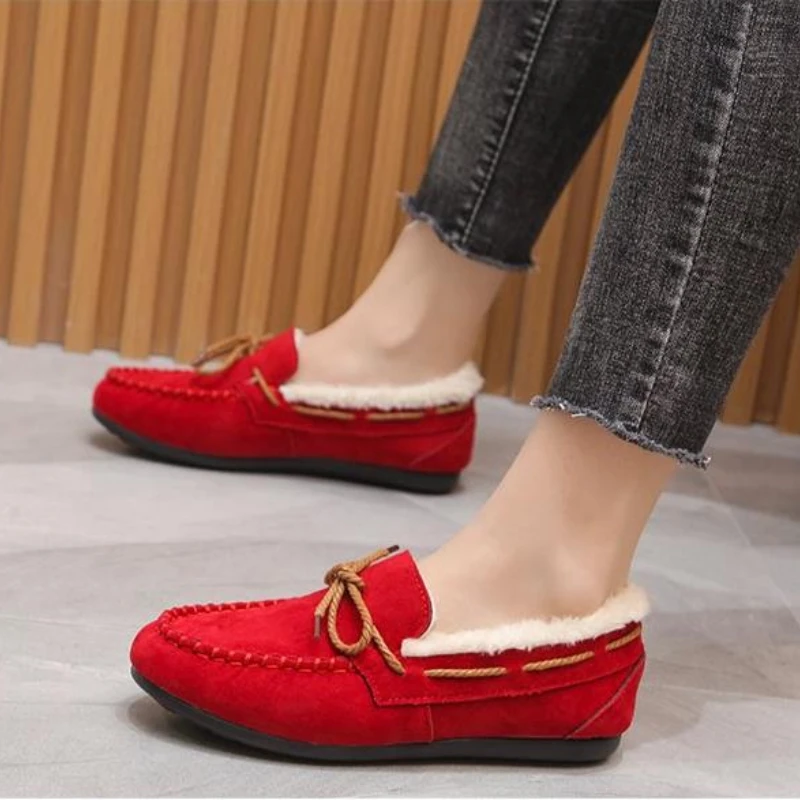 Winter Shoes Women Casual Flat Shoes Women's Moccasins Soft Loafers Fashion Comfort Warm Plush Bow Slip on Female Cotton