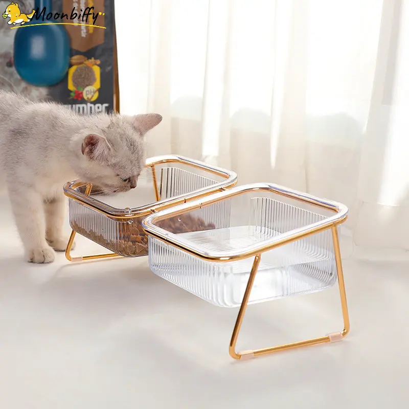 Cat Double Bowl New with Stand Pet Kitten Puppy Transparent Food Feeding Dish Metal Elevated Water Feeder Dog Bowl Supplies