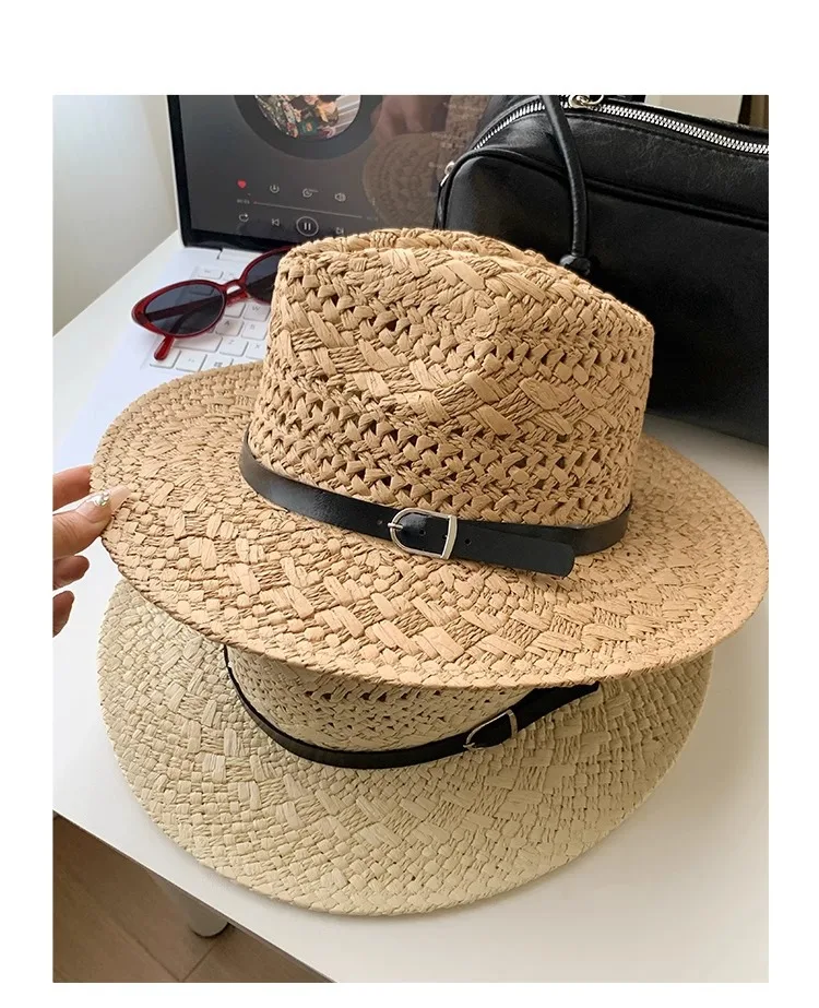 Stroh-Cowboyhut für Damen und Herren Klassischer Vintage Ausgehöhlter Unisex Sonnenhut mit Breiter Krempe Anglerhut Klettermütze – Detail 15