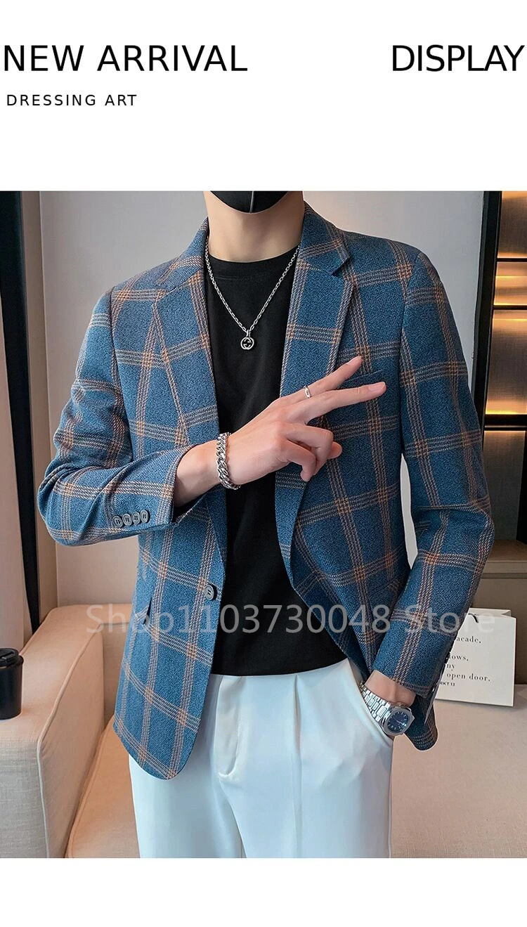 High Quality Fashion with Handsome British Style Plaid Business Men's Notch Lapel Suit Coat Casual Mens Blazer S-6XL Jacket 3