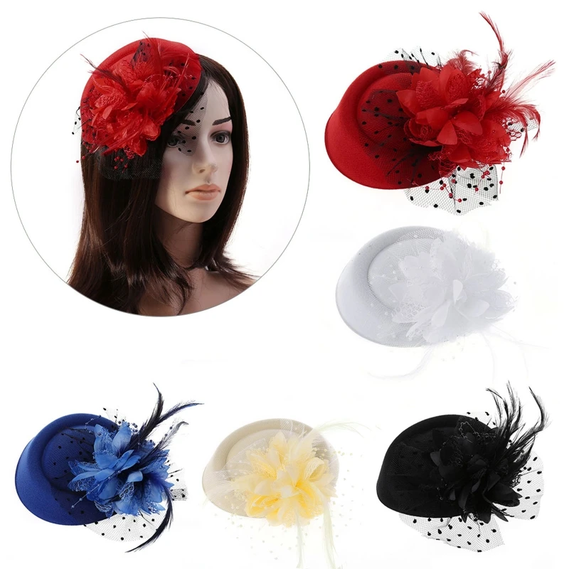 Women Fascinator Hat 20s Vintage Solid Color Pillbox Flower Mesh Veil Wedding Tea Party Headwear