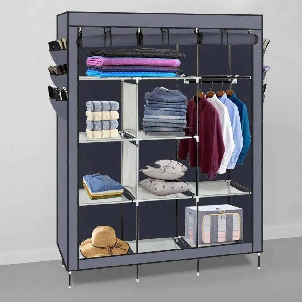 Portable Gray Closet Wardrobe Storage Organizer Rack