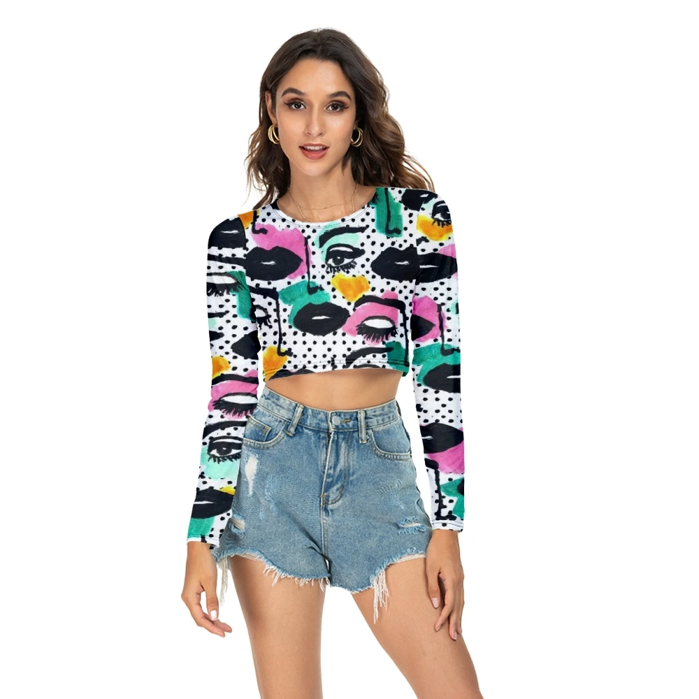 

Women Fun Pattern Printing New Fashion Long-sleeved O-neck T-Shirt Spring Sexy Cropped Navel Long Sleeve T-Shirt Summer