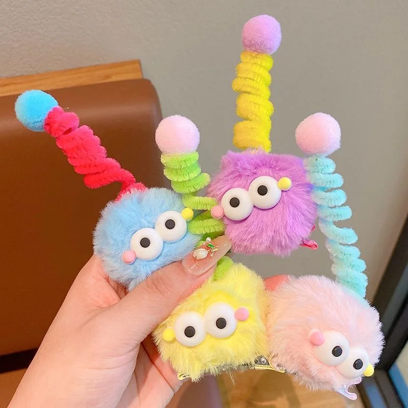 1/5pcs Colorful Little Monster Hairpins Girls Kid Cartoon Plush Antenna Briquettes Hair Clips Barrette Big Eye Doll Headwears 3