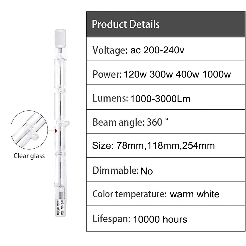 Description Picture 6 of item10pcs Linear Halogen Lamp 78mm 118mm 189mm 254mm 220V 200W 300W 400W 1000W R7S Double Ended Filament Flood Lights Quartz Tube
