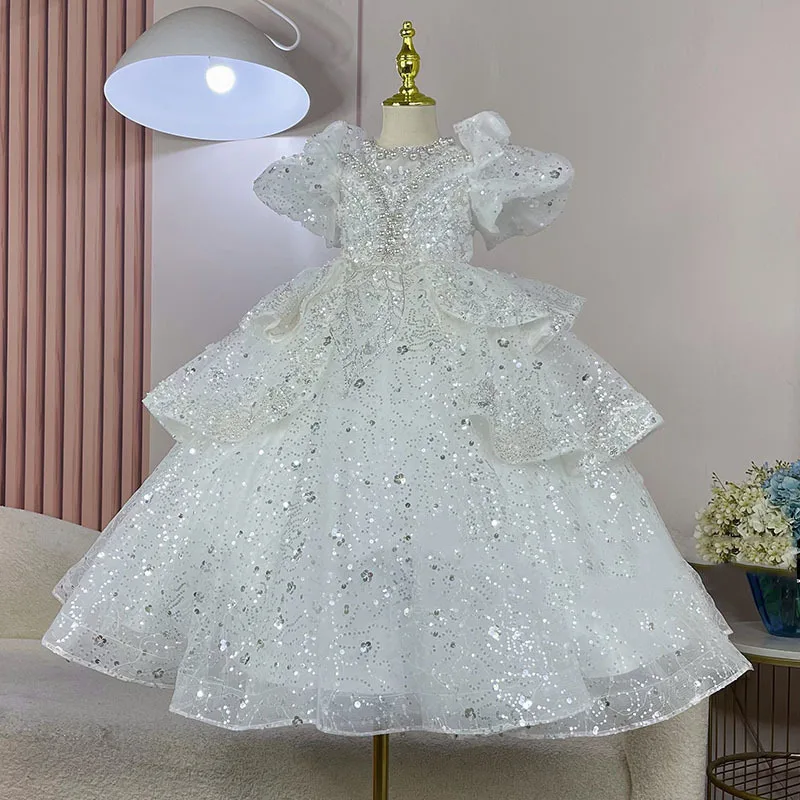 

Children's Dresse White sequin pearls Luxurious kids Long Dress for wedding Ball Birthday party Girl Bridesmaid Dress robe