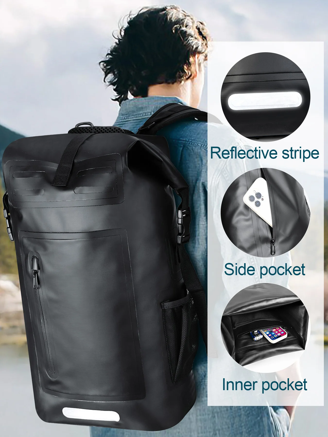 NEWBOLER wasserdichte Tasche zum Wandern, Kajakfahren, Bootfahren, Kanufahren, Schwimmen, Camping, wasserabweisend, großer Rucksack mit 35 l Fassungsvermögen – Detail 5