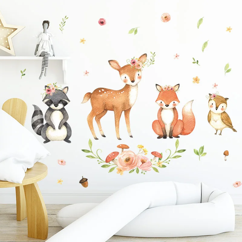 Фото Мультяшное украшение для стен с дружественным животным спутником, дизайнерские обои, енот, олень, лиса, птица, цветок №5