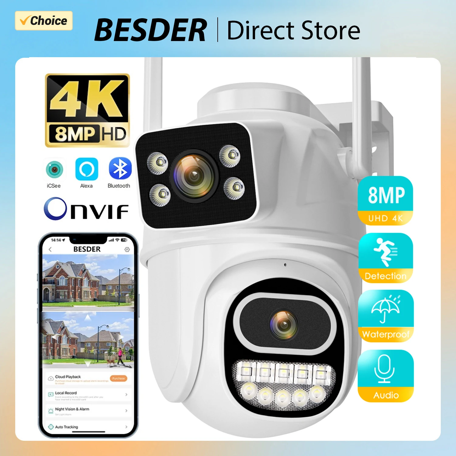 PTZ WiFi Câmera IP com Lente Dupla, Visão Noturna, Câmera de Vigilância CCTV, Proteção de Segurança, Cor, ICSEE App, 4K, 8MP, 4MP