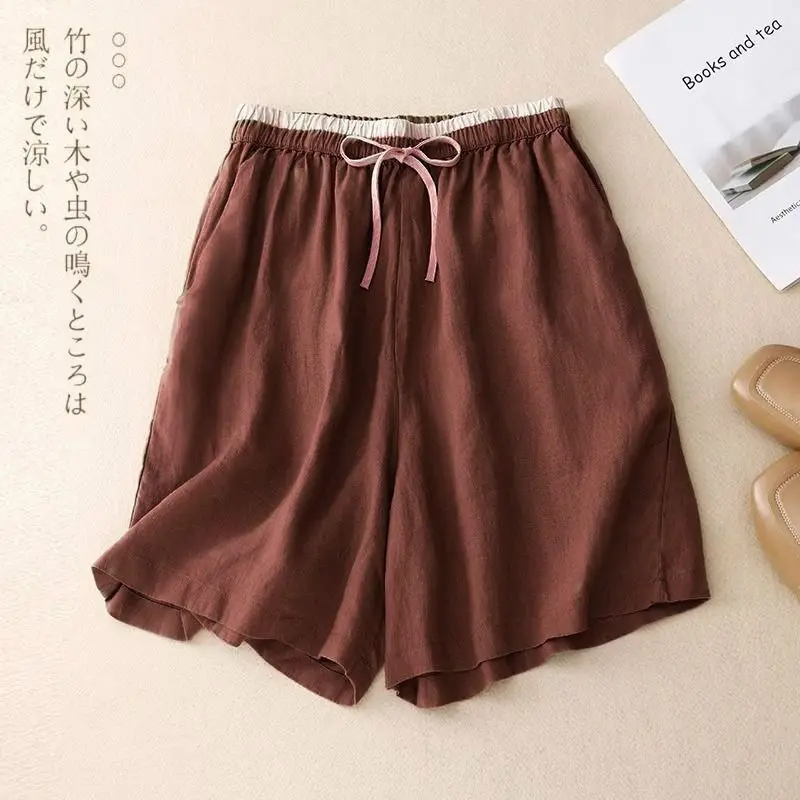 Summer Cotton Linen Elasticized High-waisted Patchwork Pockets Fashion Solid Color Loose Women's 2024 All-match Casual Shorts