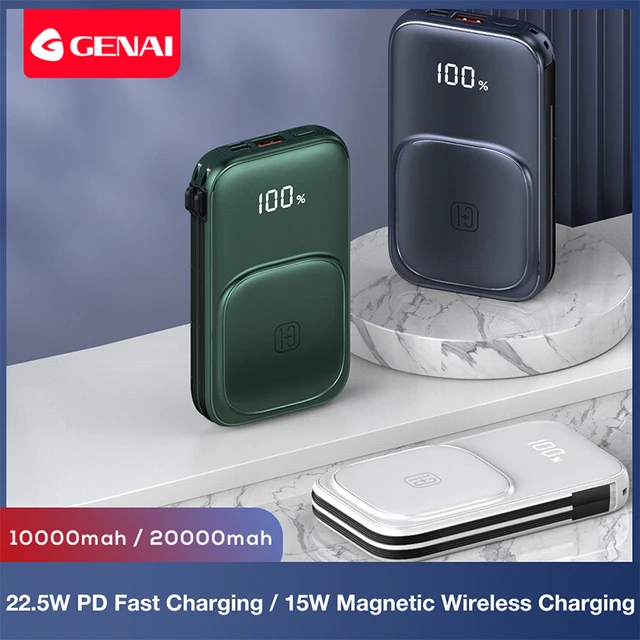 Genai 충전용 무선 20000 mAh 파워 뱅크, 충전용 내장 라인, 휴대용 충전기, 외부 배터리, 22.5W