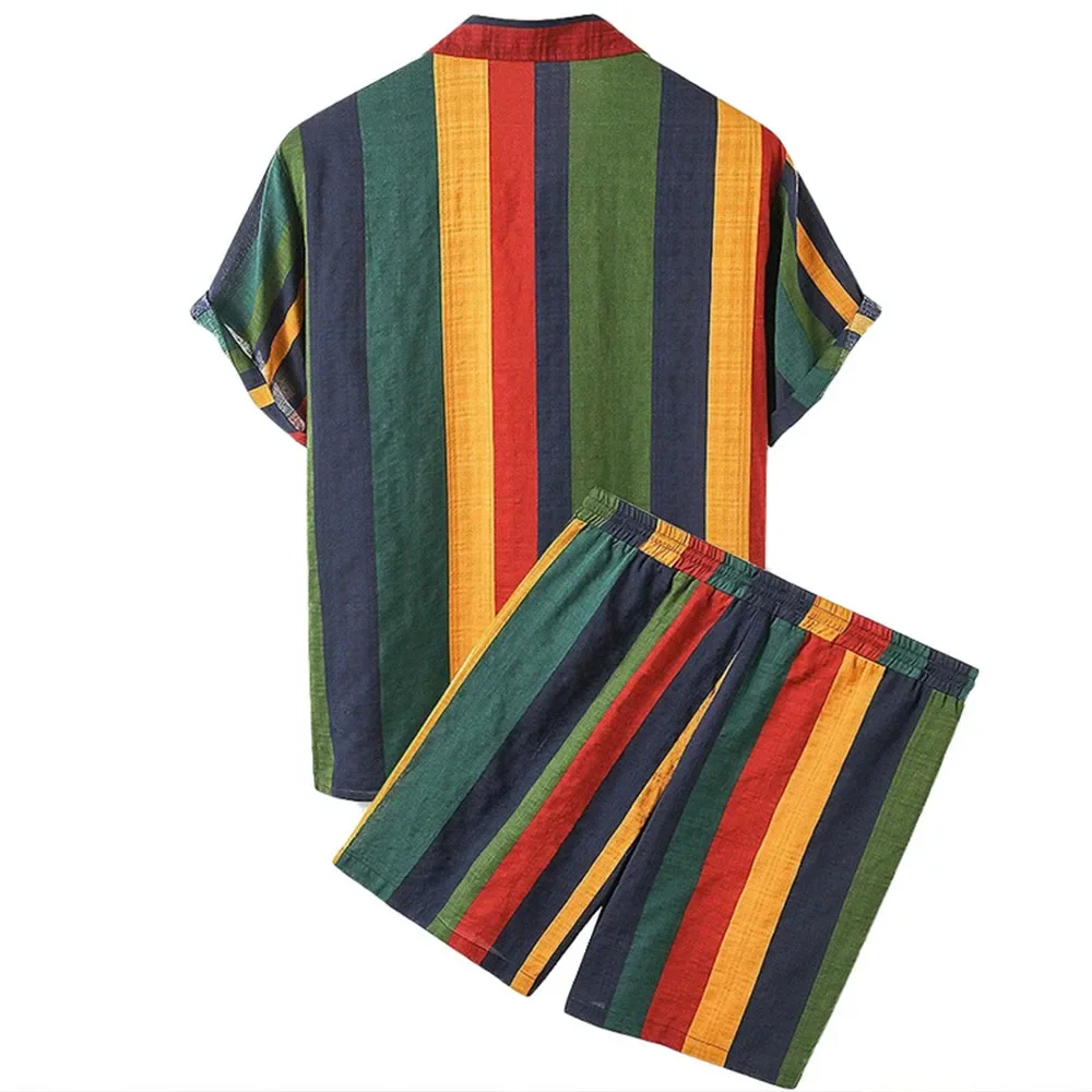 Men Striped Outfit Set Fashion European American Style Man Beach Wear Hawaiian Short-sleeve Button Down Stripe Shirt+Shorts Suit