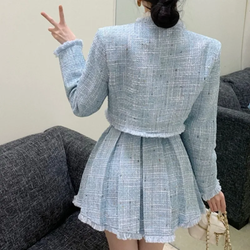 High Quality Fashion Tassel Design Small Fragrance 3 Piece Sets Women Outfit Long Sleeve Short Jacket Coat+Pleated Skirt Suits
