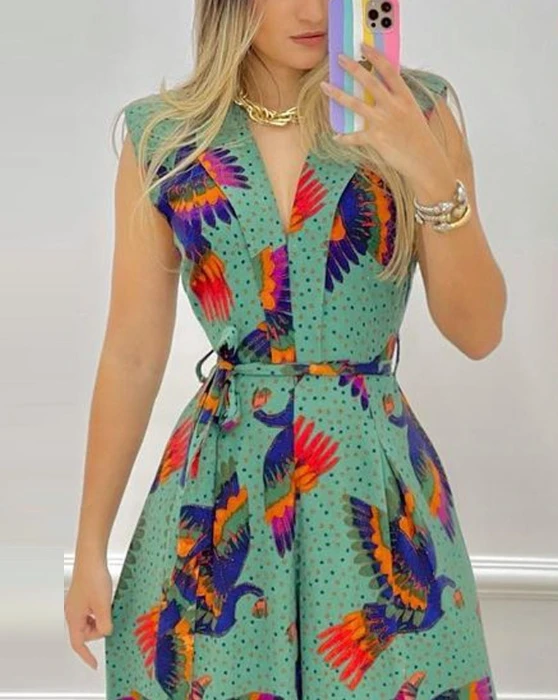 Elegant and Handsome Girl Sleeveless V-Neck Positioning Printing Wide Leg Long Pants Jumpsuit New Design