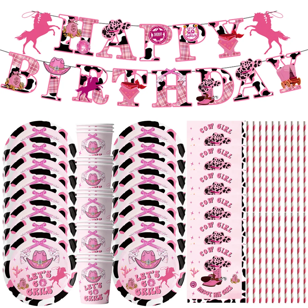 

Pink Western Cowgirl Birthday Party Supplies Disposable Tableware Paper Cup Plate Baby Shower Horse Farm Birthday Decorations