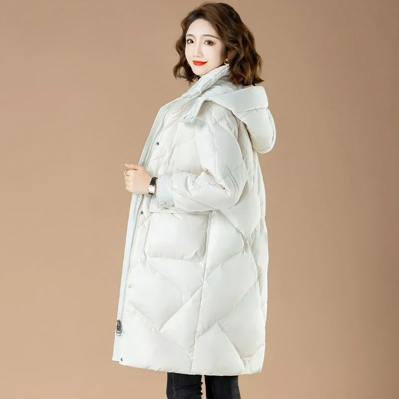 2023 New Women Down Jacket Winter Coat Female Mid Length Version Fashion Parkas Loose Thick Outwear Hooded Versatile Overcoat