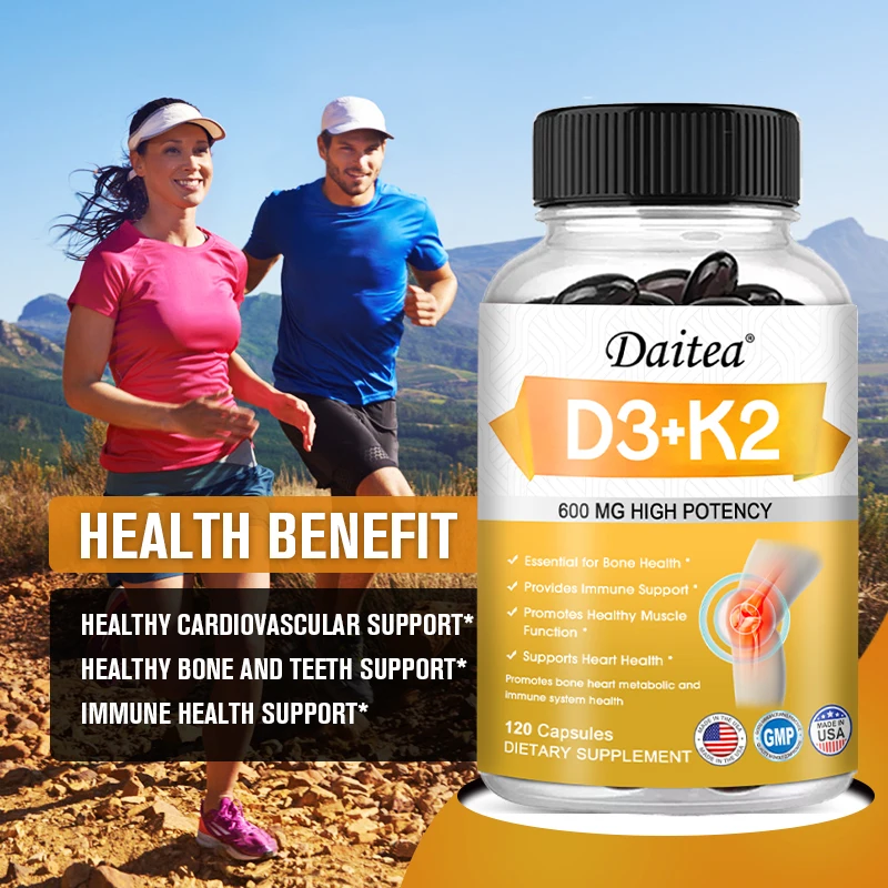 Vitamin D-3 and K-2 Supplement 600 Mg Cardiovascular Bone Dental Metabolism Immune Heart Health Vegetarian Capsules