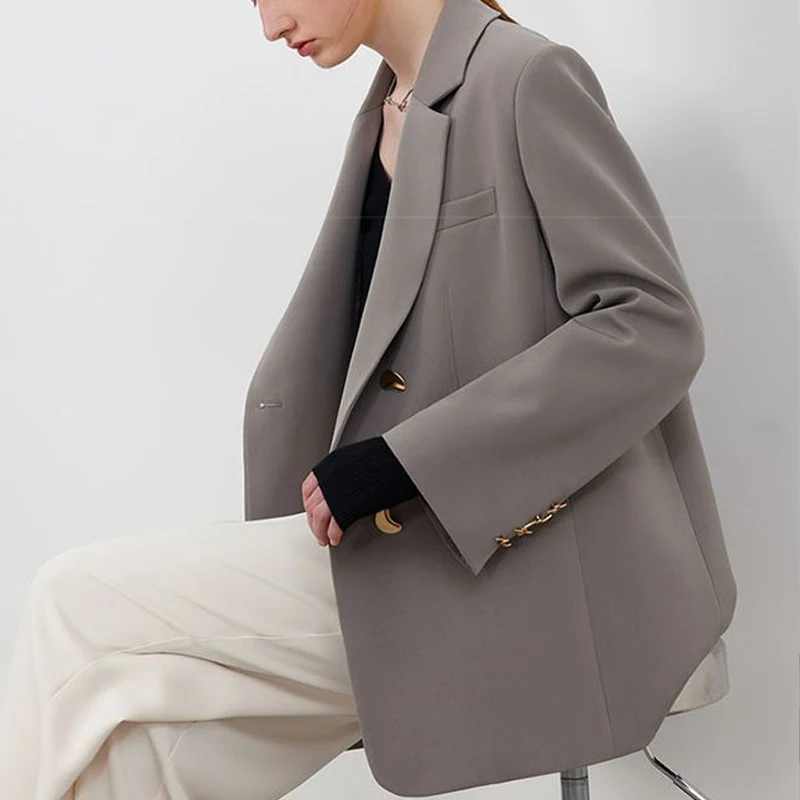 2023 Spring Autumn New Solid Color V-Neck Long Sleeve Button Suit Women Temperament Casual Loose Office Lady All-match Outwear