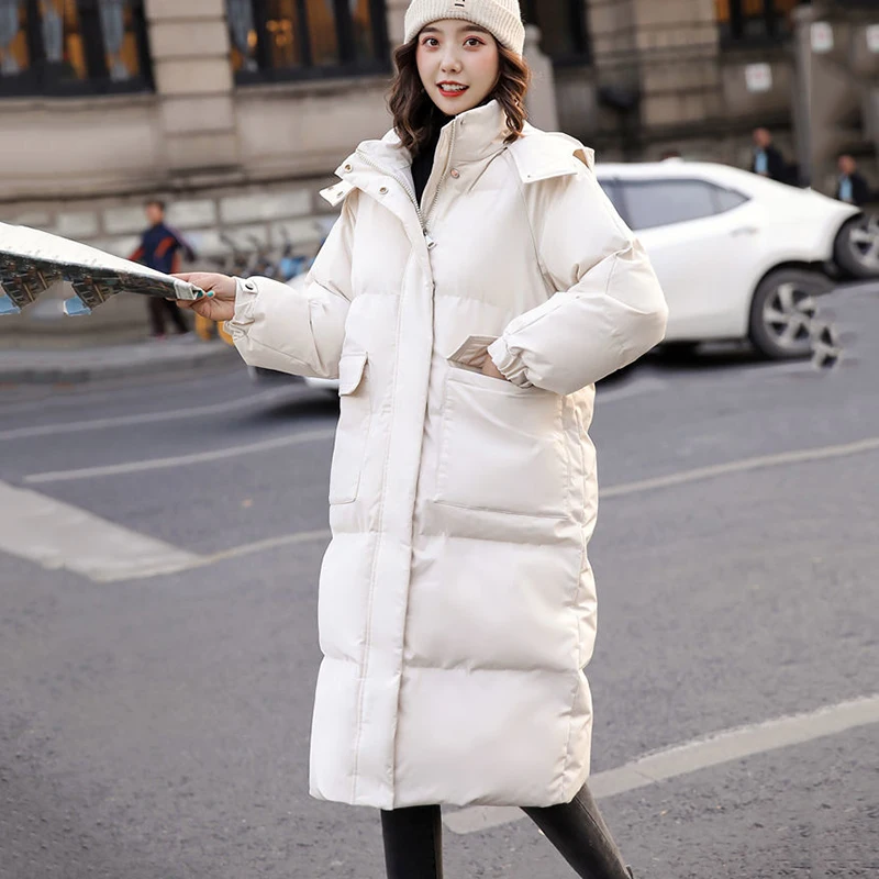

Новое зимнее теплое пуховое пальто из хлопка, Женская Корейская Толстая длинная стеганая куртка, Повседневная парка с капюшоном, пальто, женская хлопковая одежда