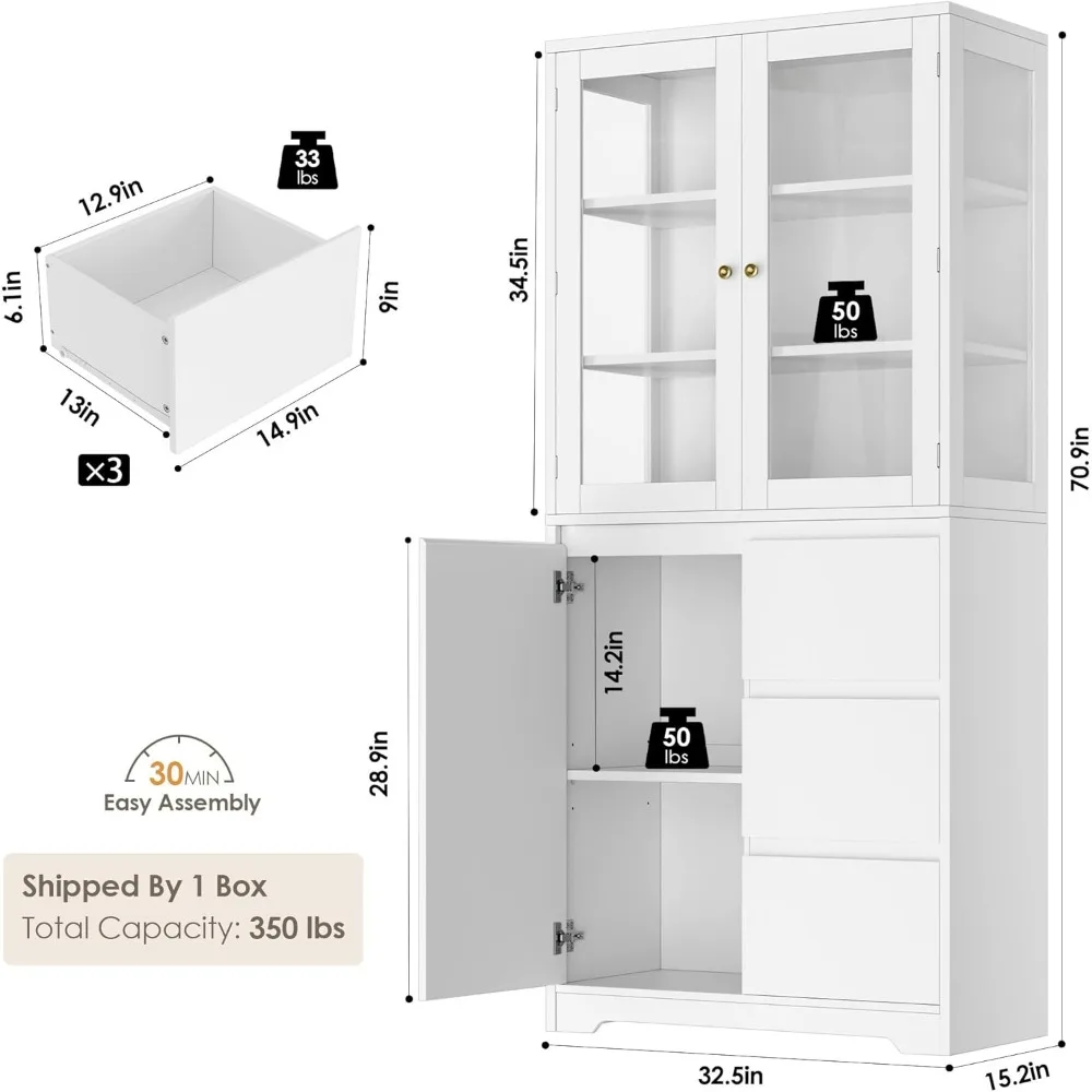 71" Large Bookcase with Glass Display Cabinet and 3 Tier Wide Book Shelves, Tall Bookshelf with 3 Storage Drawers,China Cabinet 2