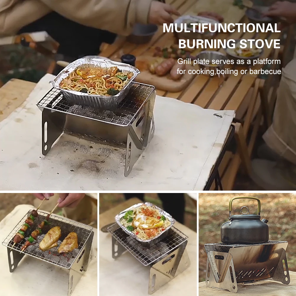 Camping Outdoor Wood Burning Stove with Grill Plate Portable Folding  Stainless Steel Backpacking Cooking Hiking BBQ Easy Stove - AliExpress
