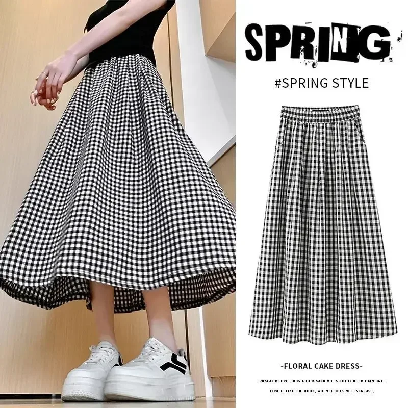 Women A-line Skirt High Waist Slim Summer Pocket Long Skirts Black White Lattice Cute Sweet Girls Half Skirt Girls Clothing