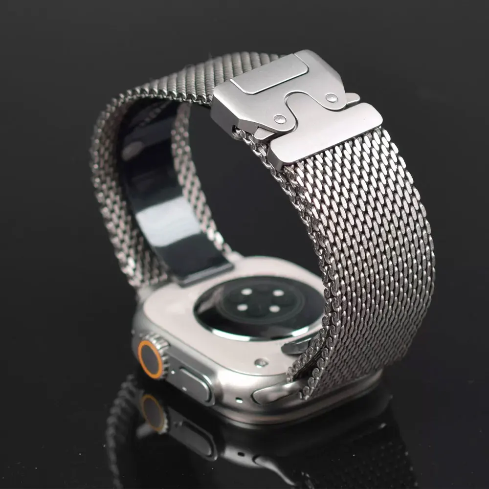 Titanium Milanese Loop Strap with Parachute Buckle in Natural Finish