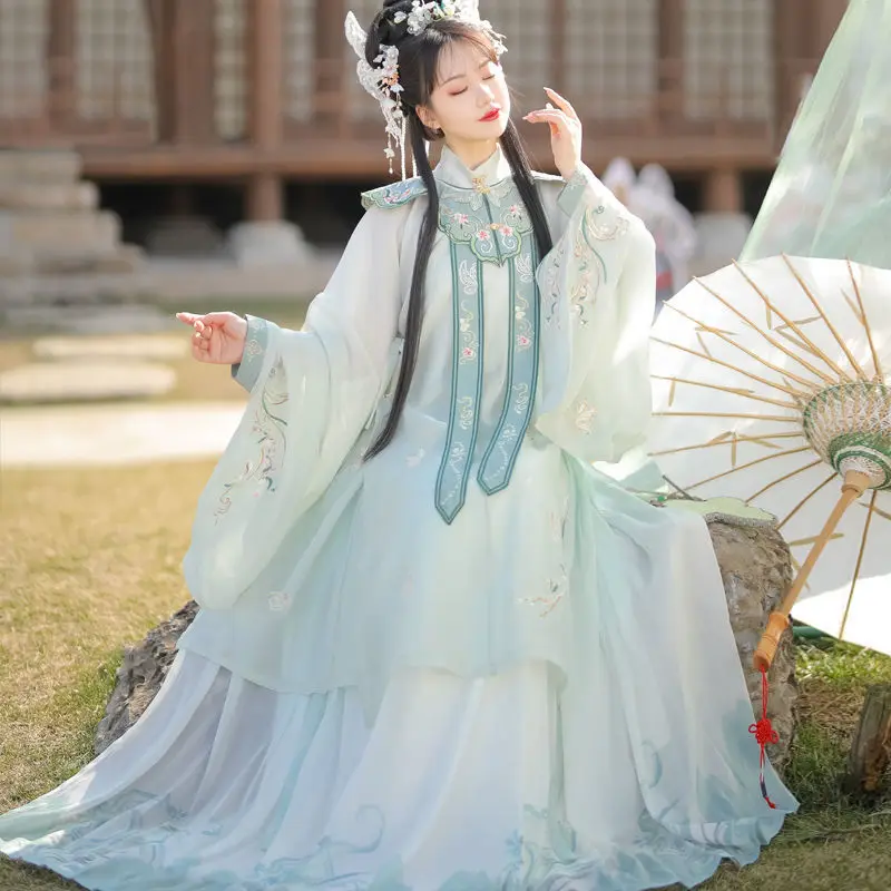 

Yourqipao Original Ming Dynasty Hanfu Standing Collar Robe Pleated Skirt Cloud Shoulder 4Pcs Women Chinese Fairy Green Dresses