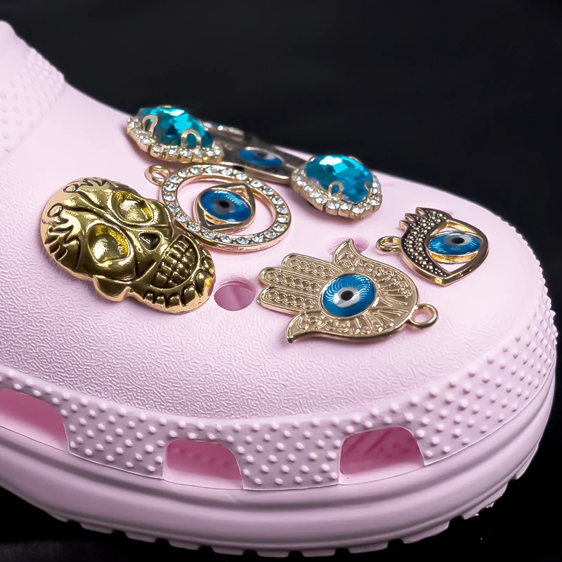 8pcs Bling Gems Croc Charms Blue Evil Eye Shoe Charm Accessories Skull  Women Clog Jeans Clogs Decoration Girls Gift