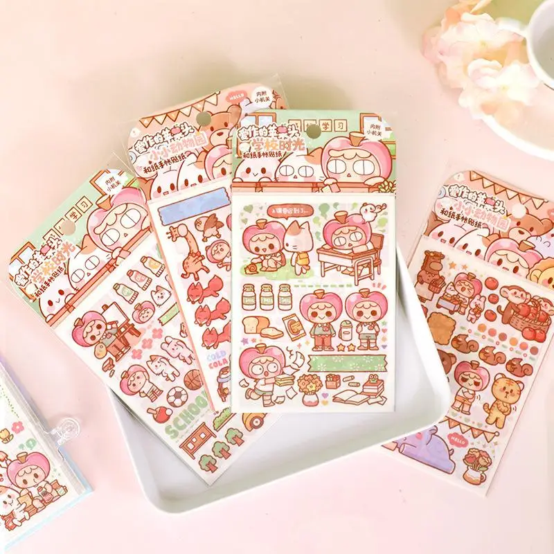 

4 Pcs/pack Love To Make Apple Head Small Zoo Washi Tape Stickers Notebook Materials Free Diy Decoration Book Stationery Stickers