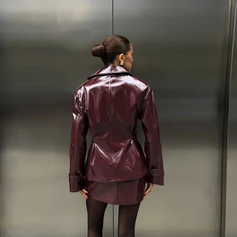 Leather Coat Skirt Women's Set Lapel Double Breasted Slim Coats Hip Package Skirts Female Sets 2025 Autumn Fashion Lady Suits