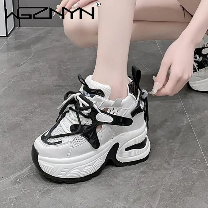 

Fashion Mesh Breathable Ladies Wedge Platform Sneakers High Heels Lace-Up Shoes Comfortable Height Increasing Sport Dad Shoes