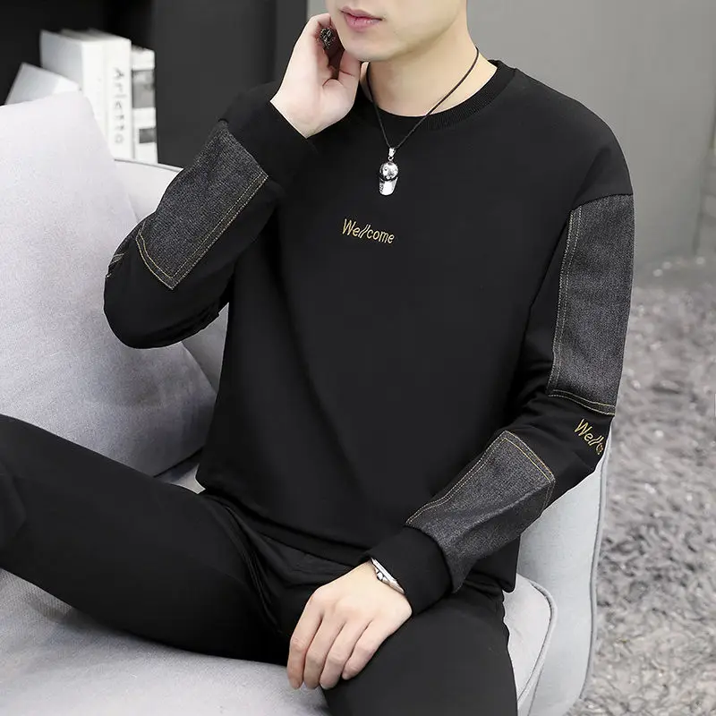 

Men's Clothing Casual Top Hoodieless Sweatshirts for Man Black Pullover Color Matching Cheap Harajuku Fashion Autumn New in Emo