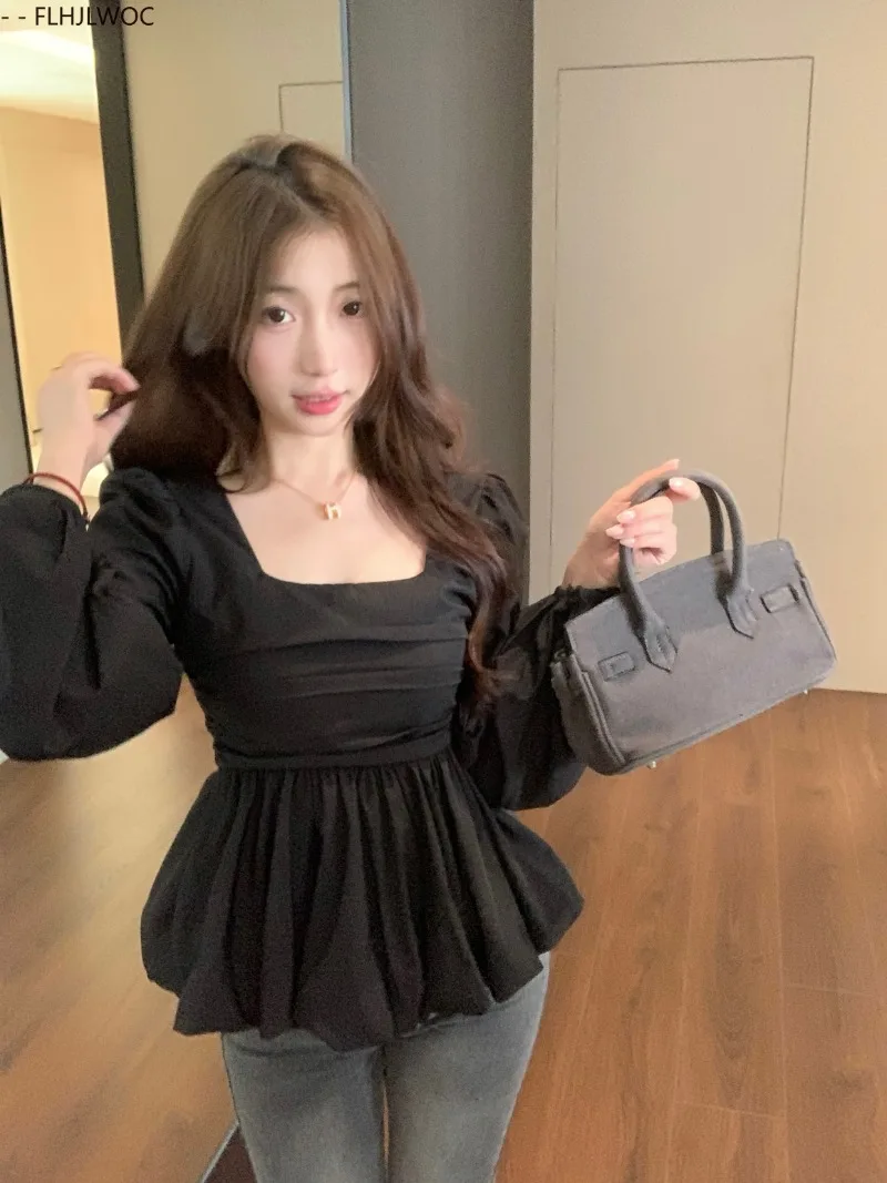 Belly Tunic Peplum Tops Blouses New Design Women Long Sleeve Casual Chic Korea Slim Fitted Black White Basics Shirts