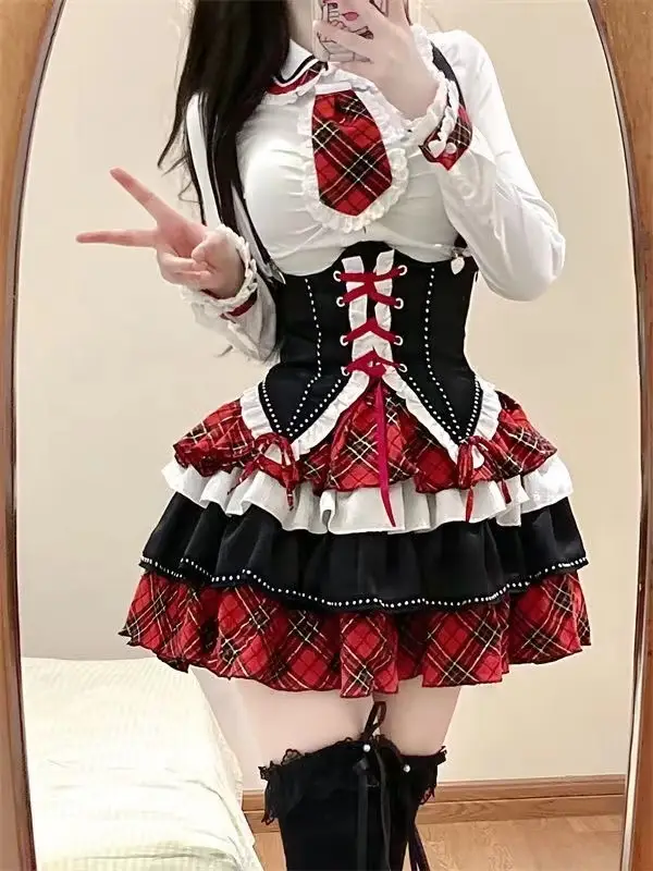 Japanese Sweet Preppy Style 2 Piece Set Women Kawaii Lace Patchwork Bow Tops + Y2k Plaid Mini Skirt Elegant Fashion Outifits New - Image 18