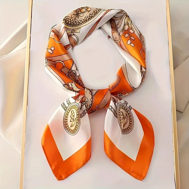 27.5" Chain Printed Square Scarf Elegant Thin Breathable Decorative Neck Scarf Orange Windproof Headscarf For Women 4