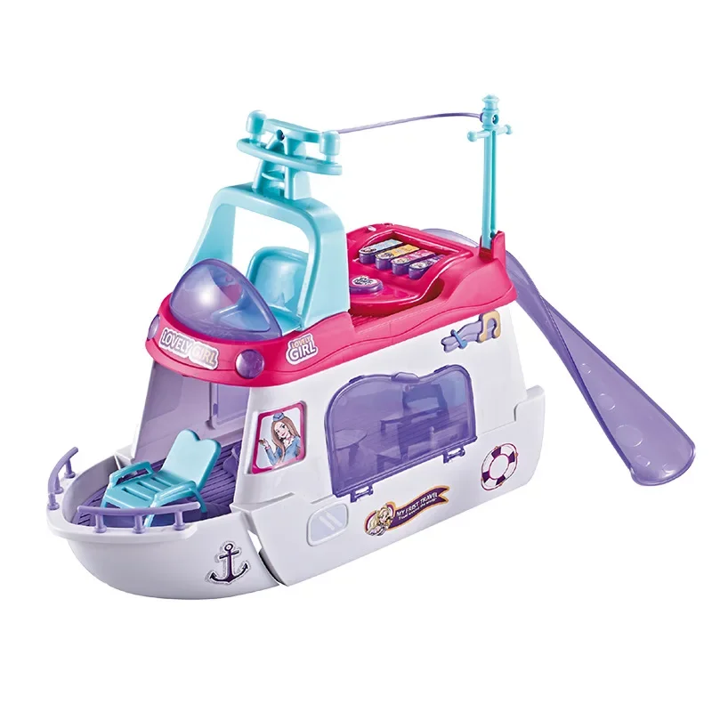 Barco barbie transfronteiriço, armazenamento transformável, kit de iate de viagem com cena, som, luz, brinquedos musicais para crianças