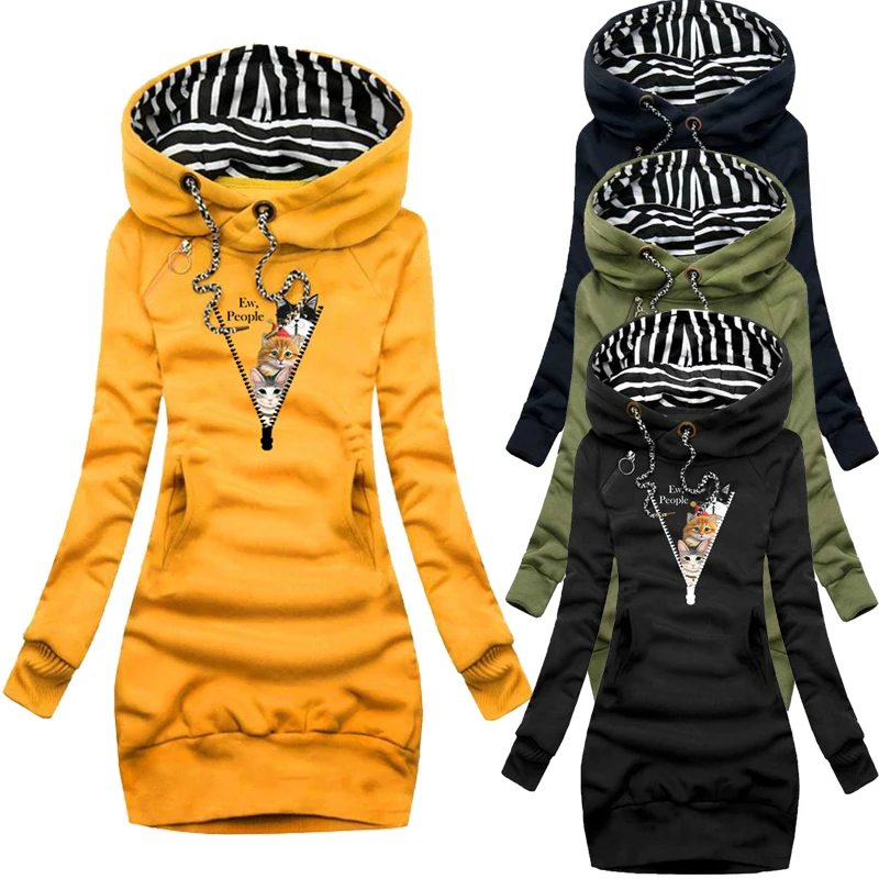 Women Fashion Cute Cats Print Hooded Sweater Dress Autumn and Winter Long Sleeve Hoodie Dress Slim Fit Pullover Sweatshirt Dress