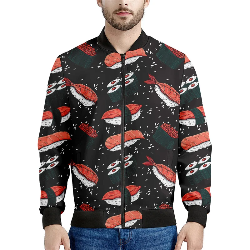 thumbnail image 1 of Chaqueta bomber con estampado 3D de rollos de sushi japoneses para hombres y mujeres, sudadera de gran tamaño, camisetas de primavera y otoño, chaquetas con cremallera de manga larga, 1 of 5