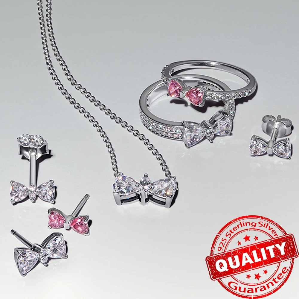 Hot Sale New Arrivals 925 Sterling Silver Exquisite Sparkling Small Bow Pink Stud Earrings Wedding Party Jewelry 2
