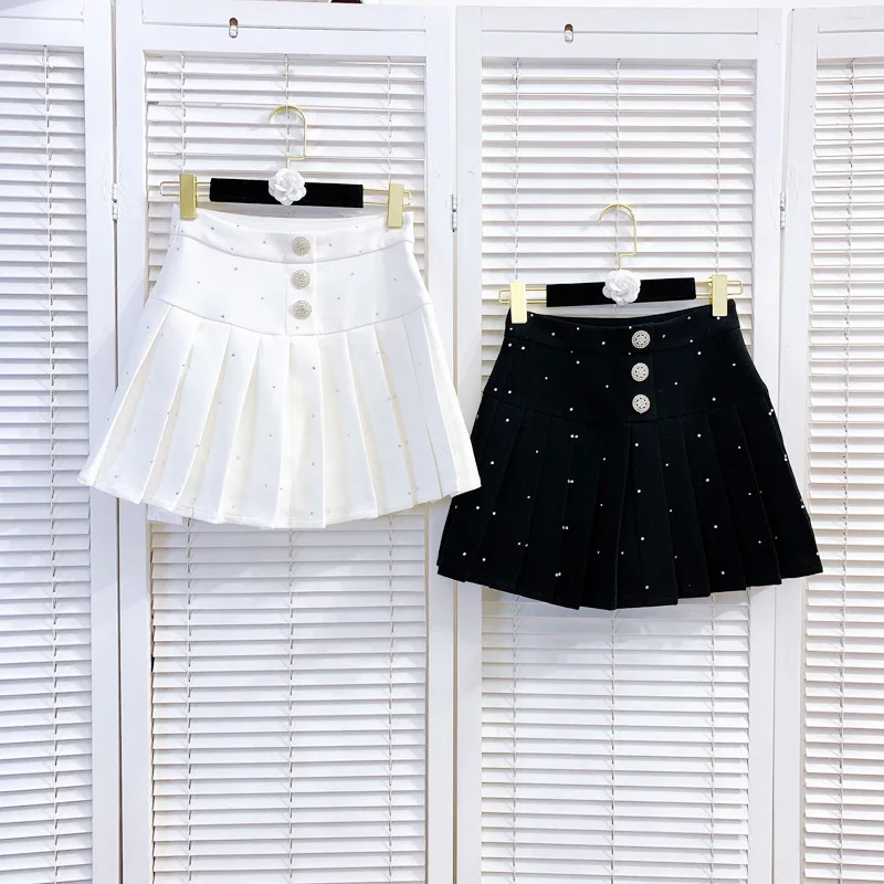 

2023 Spring New Trendy Sense of Design High Waist Slimming Rhinestone Pleated Skirt