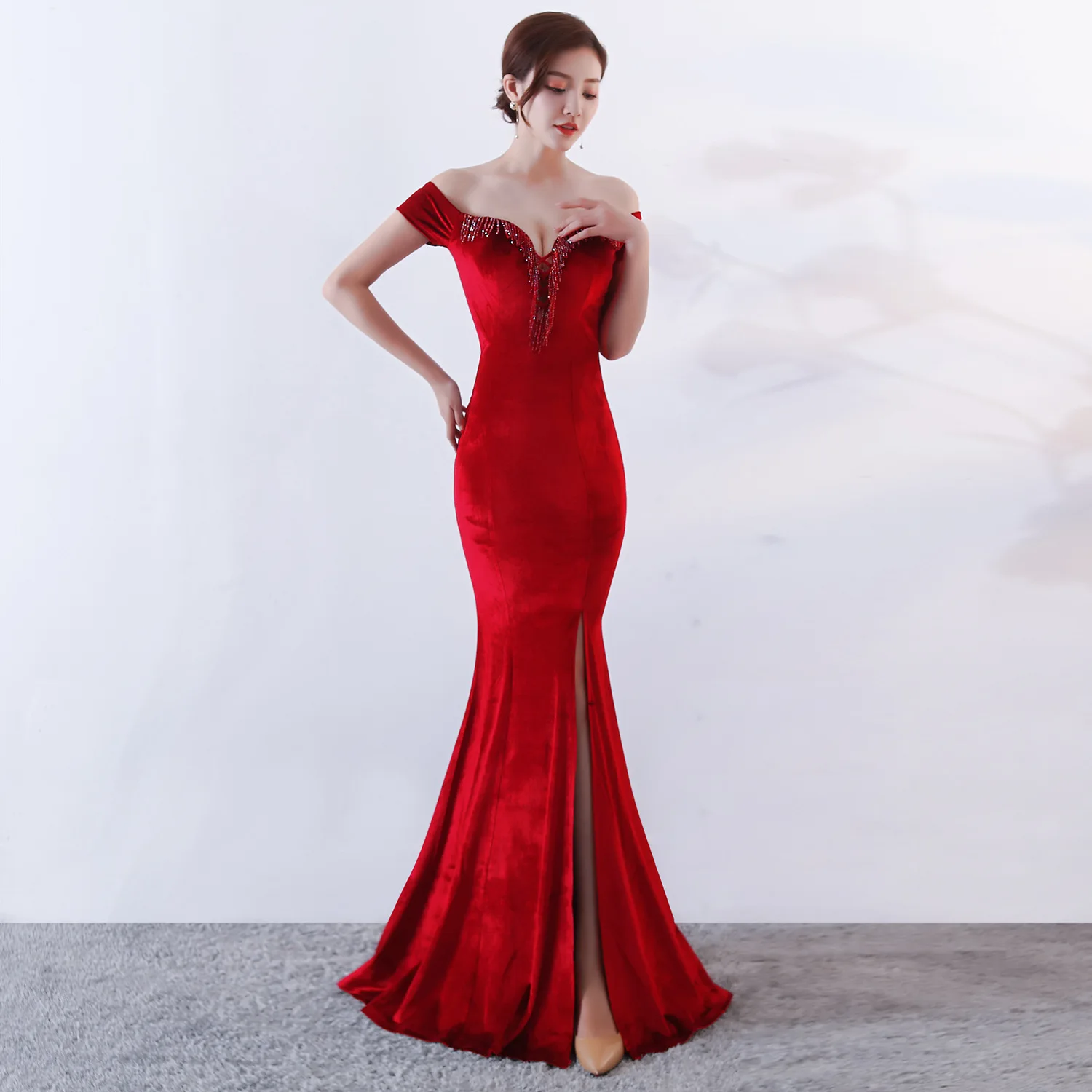 women's formal dresses & gowns Women's Evening Dress Sexy Host Fishtail Skirt Long Velvet Slim Fit Dignified atmosphere prom gowns robe vert émeraude evening wear Evening Dresses