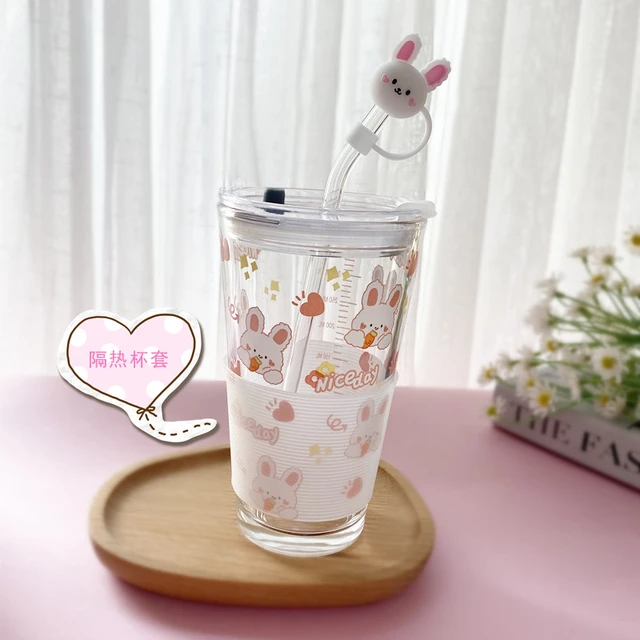 Kawaii Animal Glass Cup With Lid Straw Cute Flower Coffee Mug Milk Wine Hot  Drinks Korean Water Juice Cup Drinkware Gift 600ml - Glass - AliExpress