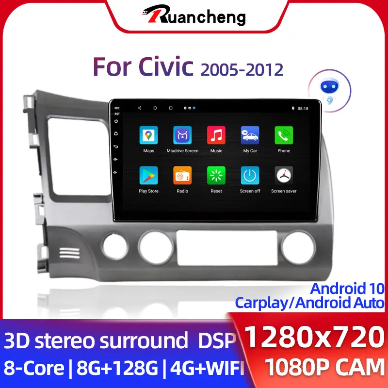 Радиоприемник автомобильный V1pro с голосовым ии для Honda Civic 2005-2012 мультимедийный
