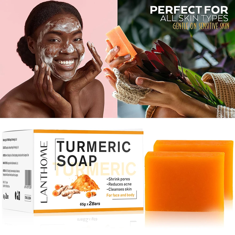 

Turmeric Whitening Soap Bar 2x65g Brighten Deep Cleaning For Dark Spots Fades Scars Even Skin Tone Hand Make Smooth Skin