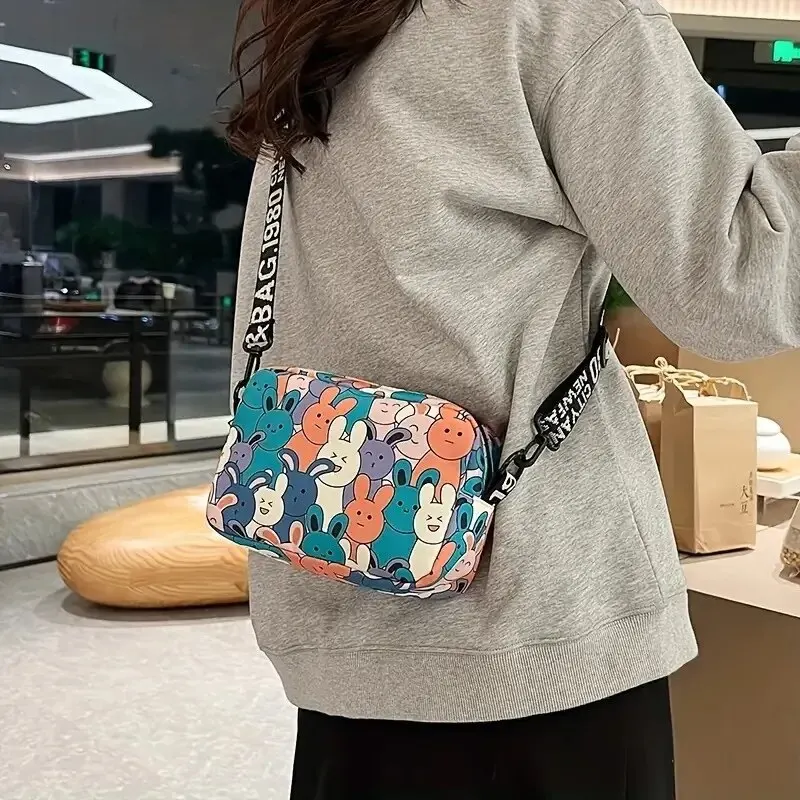 Cartoon Bunny Pattern Square Bag Trendy Zipper Shoulder Bag Kawaii Oxford Cloth Square Purse Mobile Phone Key Cross-body Bag