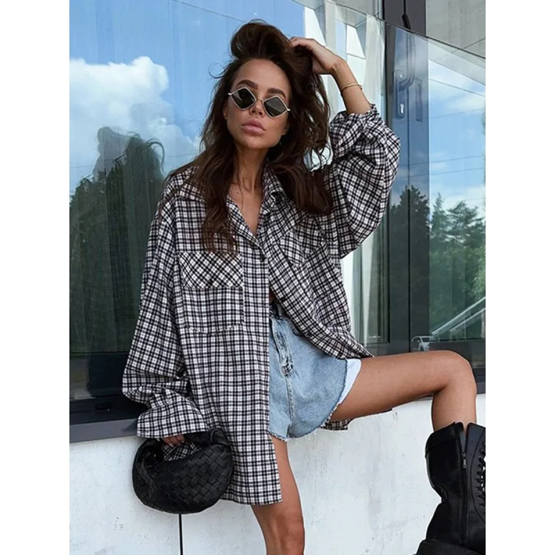 Spring American Street Black and White Lattice Pattern Long-Sleeved Shirt Women's Loose Bandage Dress Long Women's Shirt Design