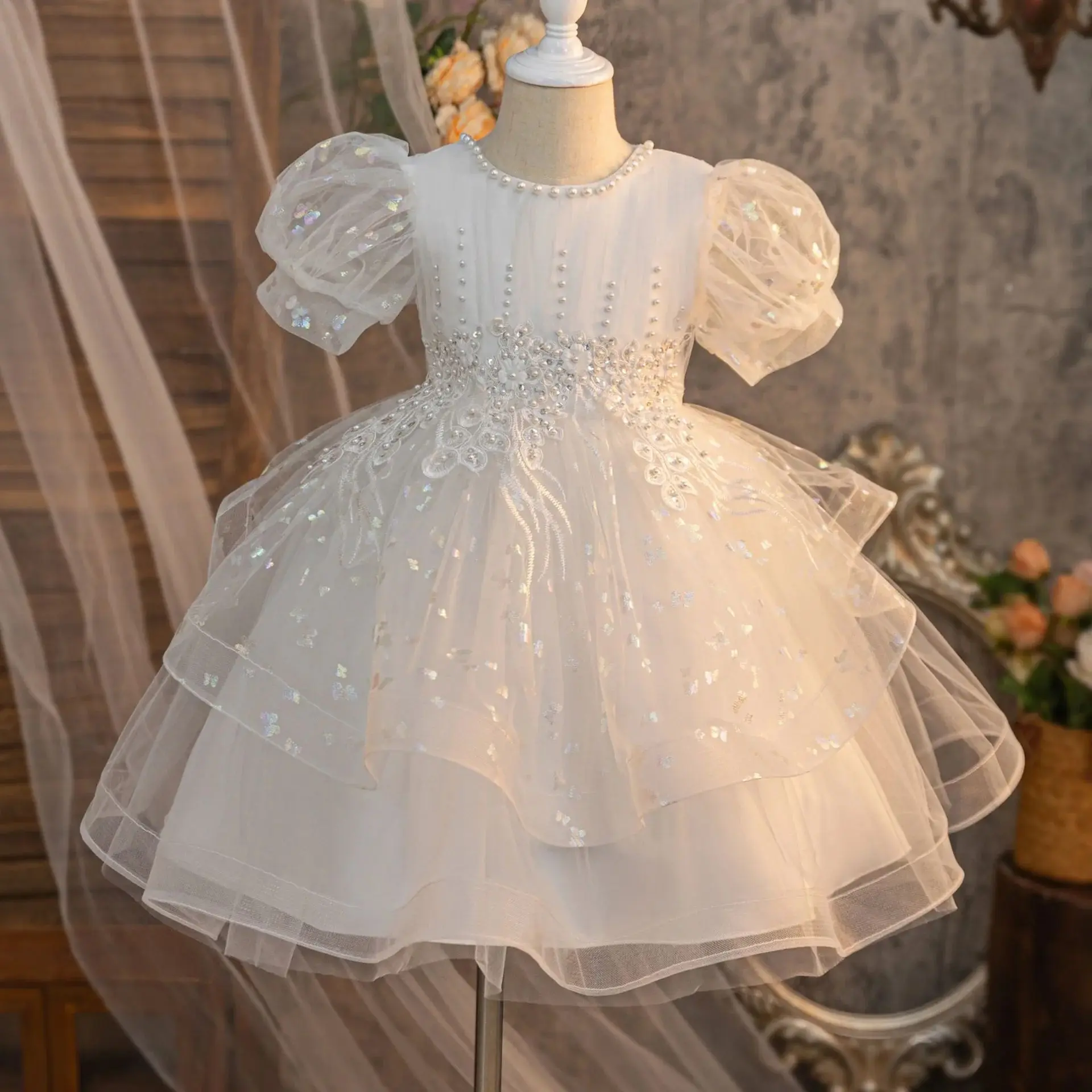 שמלת קיץ ווד 2025 ורודה לילדים, שמלת ערב לילדים, שמלות במה לילדים, בגדי יומולדת חדשים, פסנתר, כינור, ביצועים, גליטר