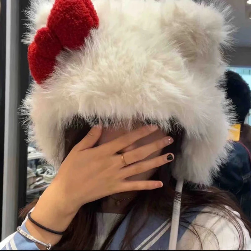 Winter Hat Cat Ear Cap For Cold Weather Bowknot Plush Hat For Girls Furry Women Windproof Ear Flap Hat Outdoor Activity Casual Hats