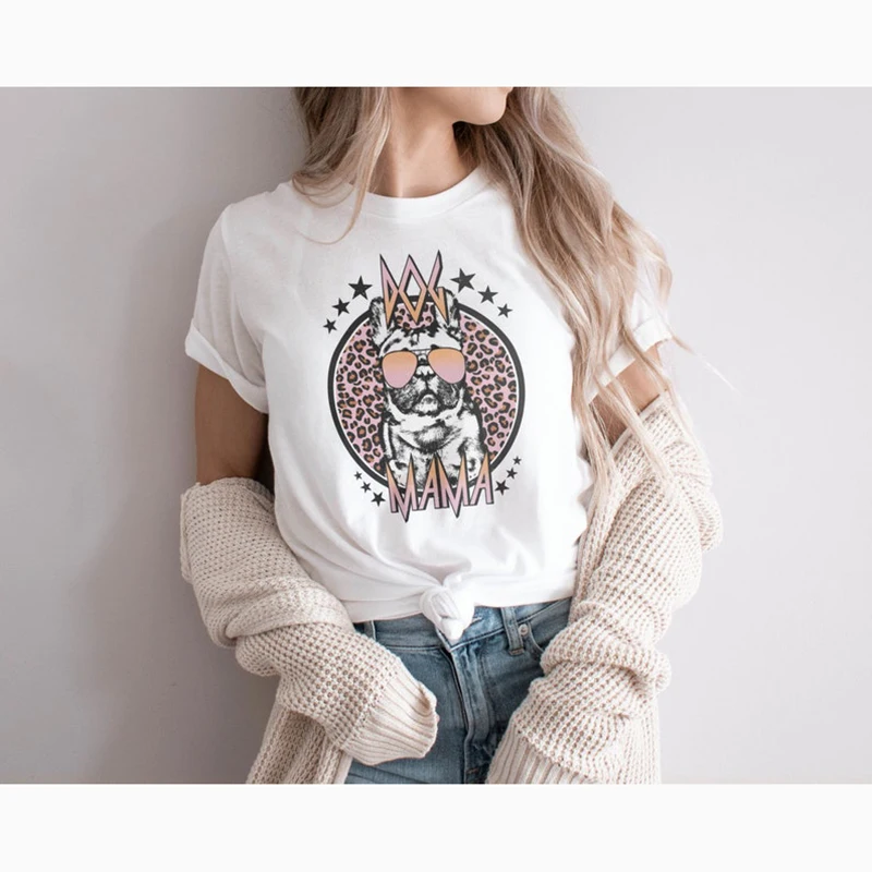 

2023 New Arrivals Women's T-shirts Retro Vintage French Bulldog Dog Mama Print 100% Cotton Aesthetic Graphic T Shirt For Women